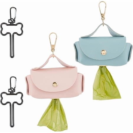 2PCS 2 Colors Dog Poop Bag Holder with 2PCS Pet Leash Clasp Puppy Waste Bag Dispenser Imitation Leather Dog Poop Dispenser Bags