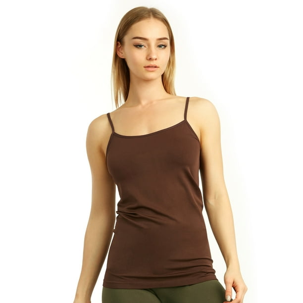 AllTopBargains 1 Brown Tank Top Spaghetti Strap Seamless Stretch