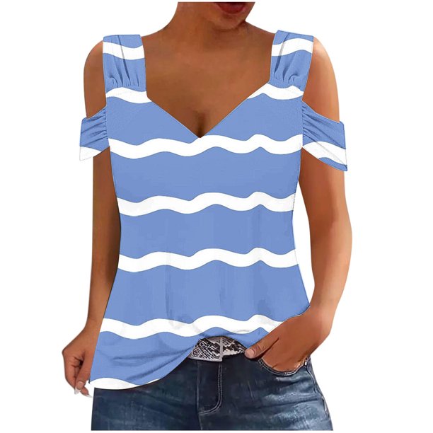 Camisas de Manga Corta para las Mujeres, Cuello en V Plegable de Impresión Del Hombro Top Casual Hecho de Poliéster Cómodo para el Verano, Tops de Bikini para las Mujeres