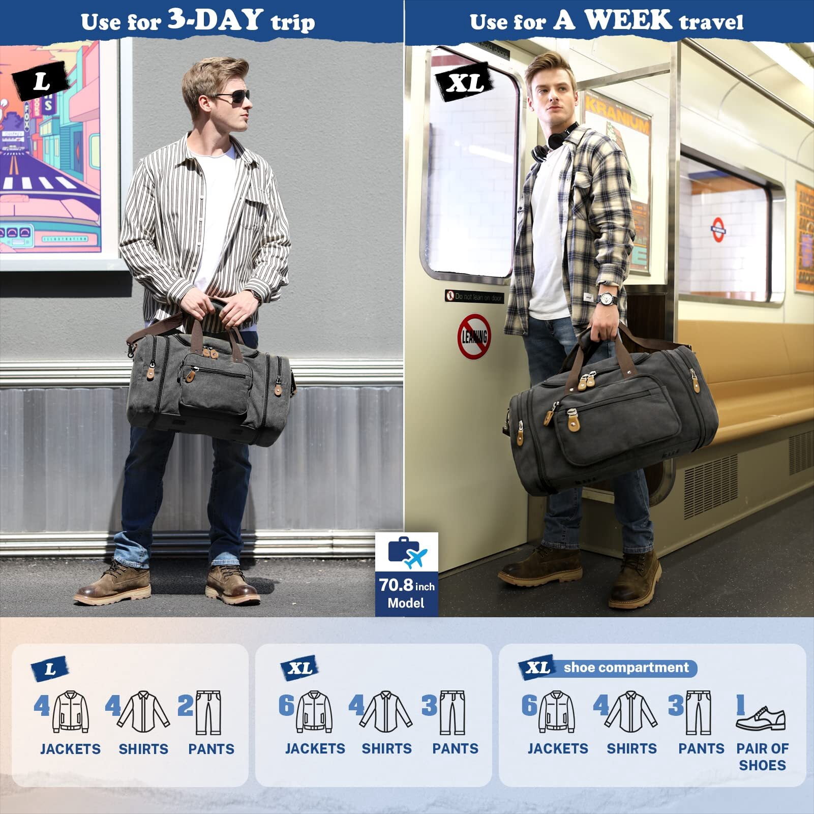 Gonex 60L Canvas Duffel Bags 26" Expandable Travel Duffle Overnight Weekender Bag for Men Women