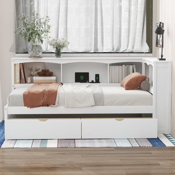 Noble House Creta Twin Size Daybed with Storage Drawers and Cabinets, USB Charging Ports, Durable Wood Guest Bed, White