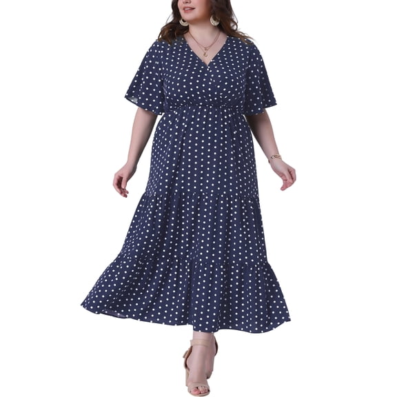 DARING DIVA Plus Size V Neck Short Sleeve Wrap Polka Dot A-Line Dress 1X Navy Blue