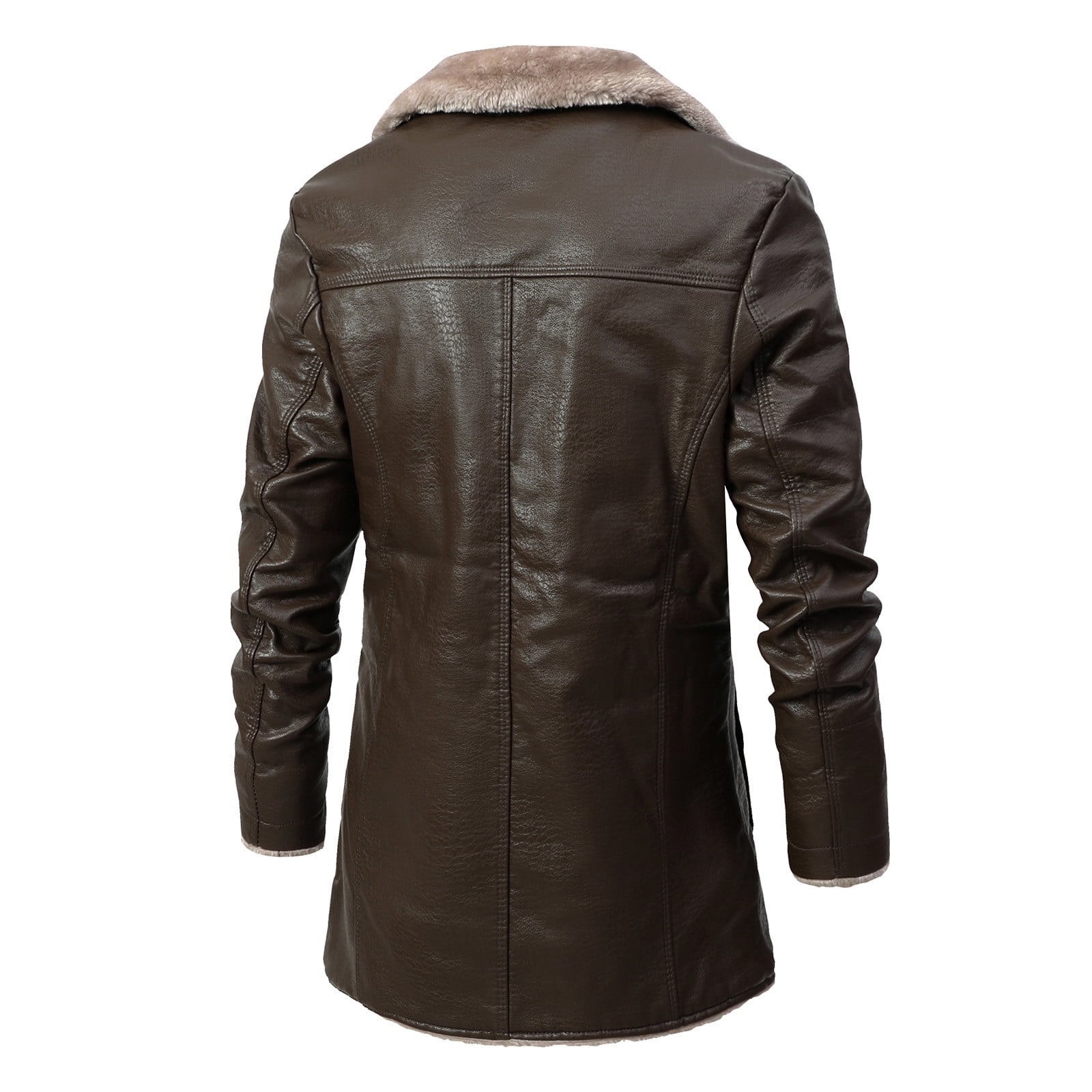 IROINNID Men's Long Sleeve Faux Leather Notch Lapel Hip-Length Jacket Solid Color Casual Mid-length Thicken Artificial Leather Turndown Slim Jacket Coats