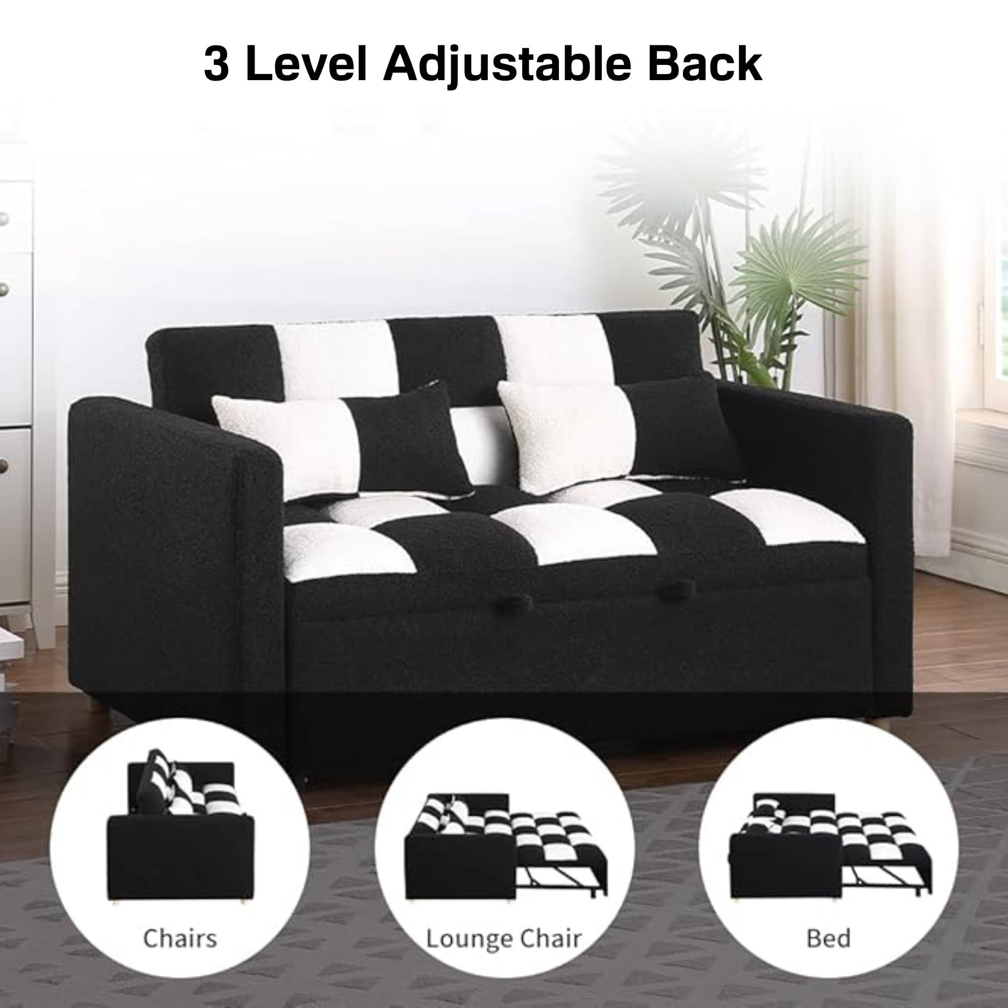 3 in 1 Convertible Pull Out Sofa Bed, Teddy Sleeper Sofa Couch with Adjustable Backrest, Loveseat with Pull Out Bed for Living Room, Black