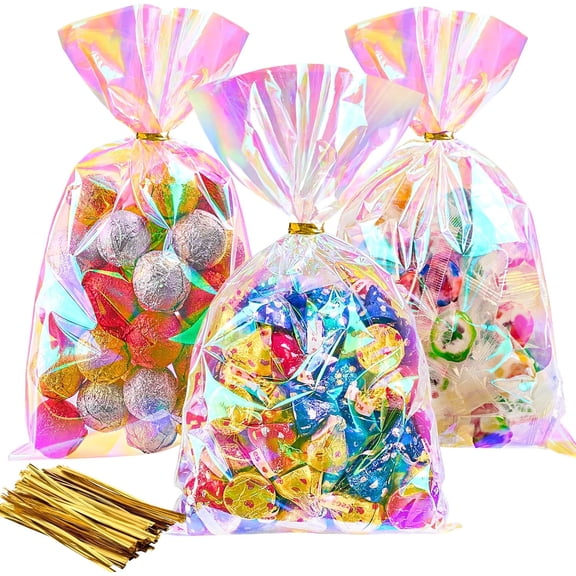 100 PCS Iridescent Cellophane Treat Bags, 6 x 10 Inches Holographic Plastic Goodie Bags with Ties for Party Favors, Candies, Cookies, Snacks, Small Gifts