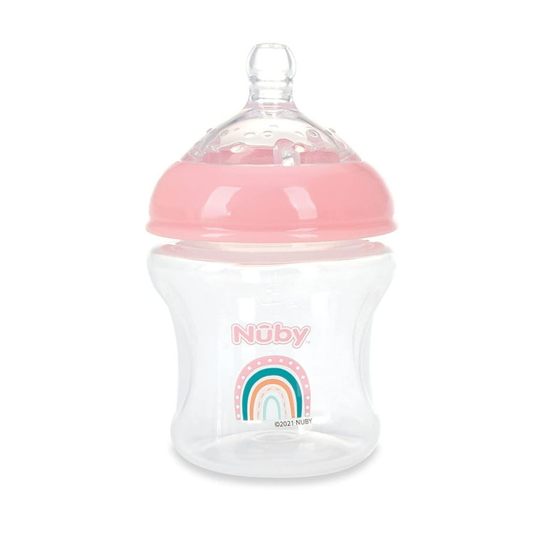 Nuby 3 Pack Infant Feeding Bottles with Slow Flow Breast Size Silicone Nipple 0 Months 6oz 3 Pack Set Delicate Star Rainbow Butterfly Prints
