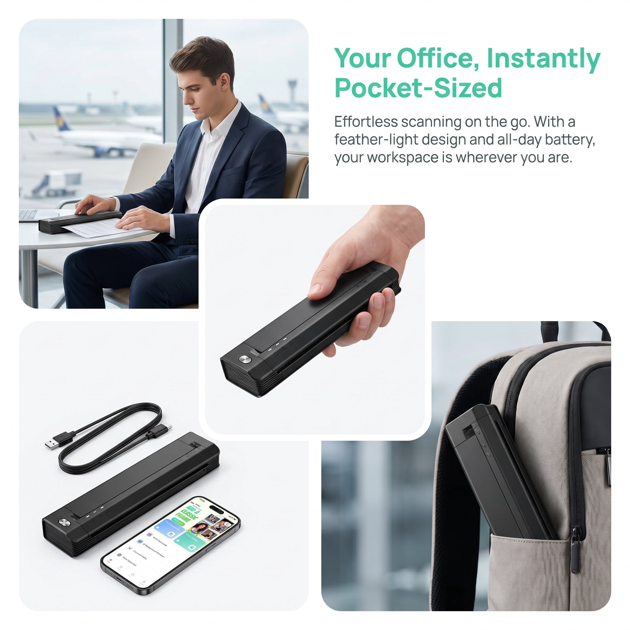 Phomemo Upgraded A281U Wireless Portable Printer , Inkless Technology, Bluetooth Thermal Printer 8.5" x 11"& A4 Size,Inkless Mobile Printer with Carry Case for Travel,Office,School,Car,Home,Black