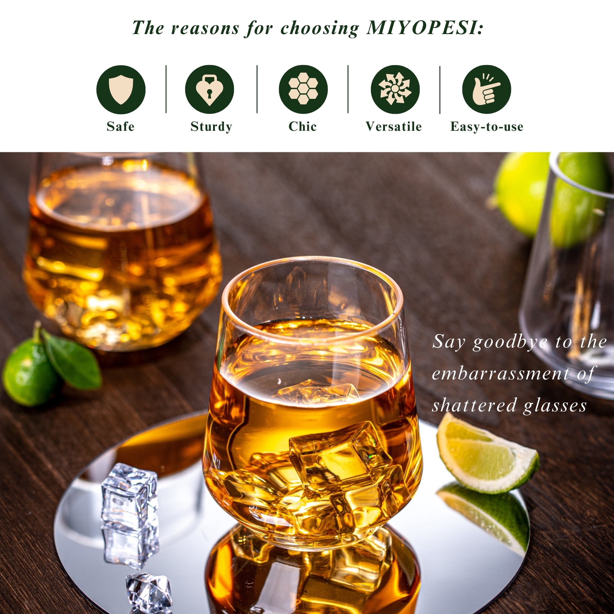 MIYOPESI 16oz Clear Stemless Wines Glasses (Set of 6), Shatter-Proof Bar Glasses, BPA-Free, Dishwasher-Safe