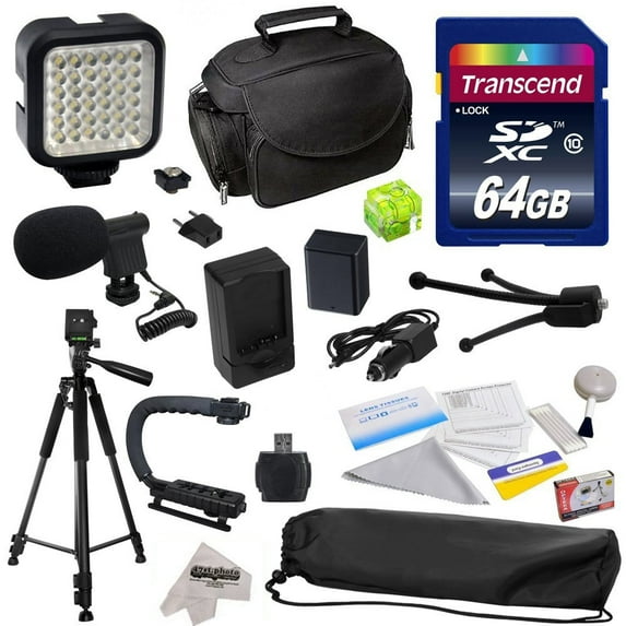 Advanced Kit for Canon PowerShot G1X G16 G15 SX50HS with 64GB Memory Card, NB-10L Battery Pack, Charger, Case, Tripod, Grip Handle, LED Light, Microphone, Spirit Level, Cleaning Kit