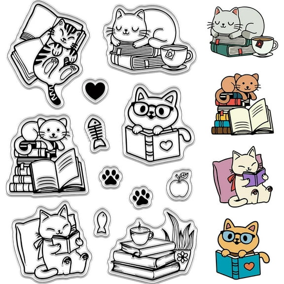 Cat Clear Stamps Cartoon Animal Book Heart Reusable Retro Transparent Silicone Stamp Seals for DIY Scrapbooking Supplies Journaling Card Making Album Decoration Craft Material Plastic