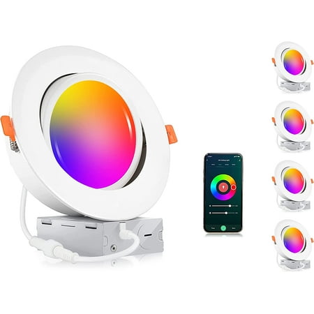 

15W 6 inch 5 Color Swivel LED Gimbal Recessed Light with Junction Box IC Rated Air Tight Flicker Free 120V CRI90+ 2700K/3000K/3500K/4000K/5000K Temperature Selectable White Pack of 4