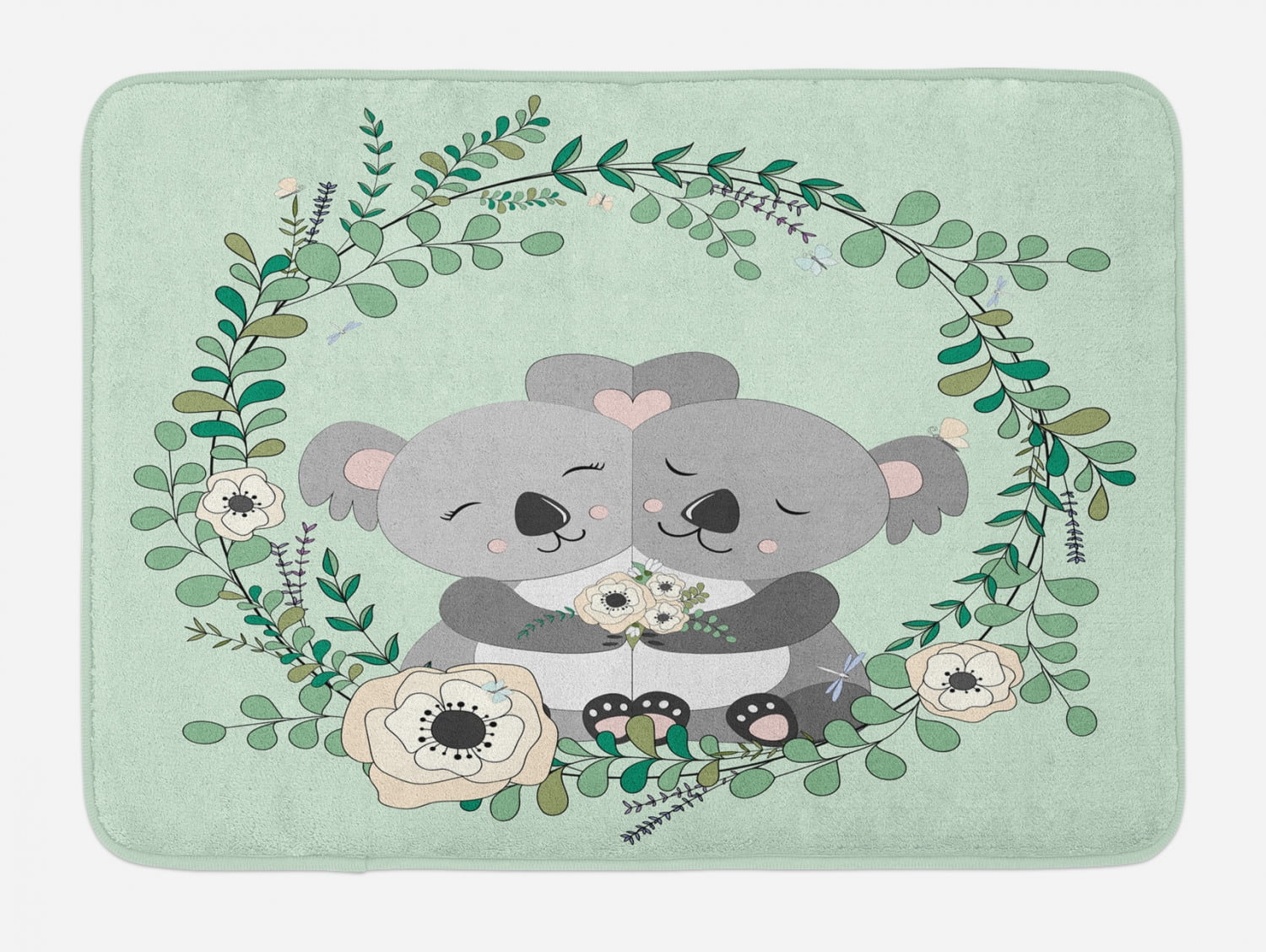 Koala Bath Mat, Koalas Hugging with Eucalyptus and Flower Wreath Around