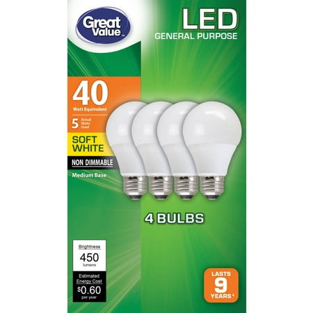 Great Value LED Light Bulbs, 5W (40W Equivalent), Soft White, (Best Light Bulbs For Bedroom)
