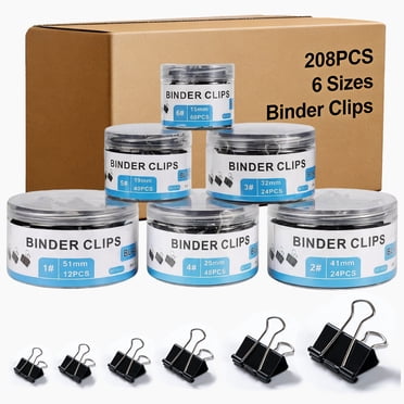 208-Pack Binder Clips, 6 Assorted Sizes Metal Paper Clips with Storage Boxes for Office & Home Organization