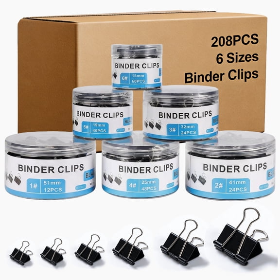 208-Pack Binder Clips, 6 Assorted Sizes Metal Paper Clips with Storage Boxes for Office & Home Organization