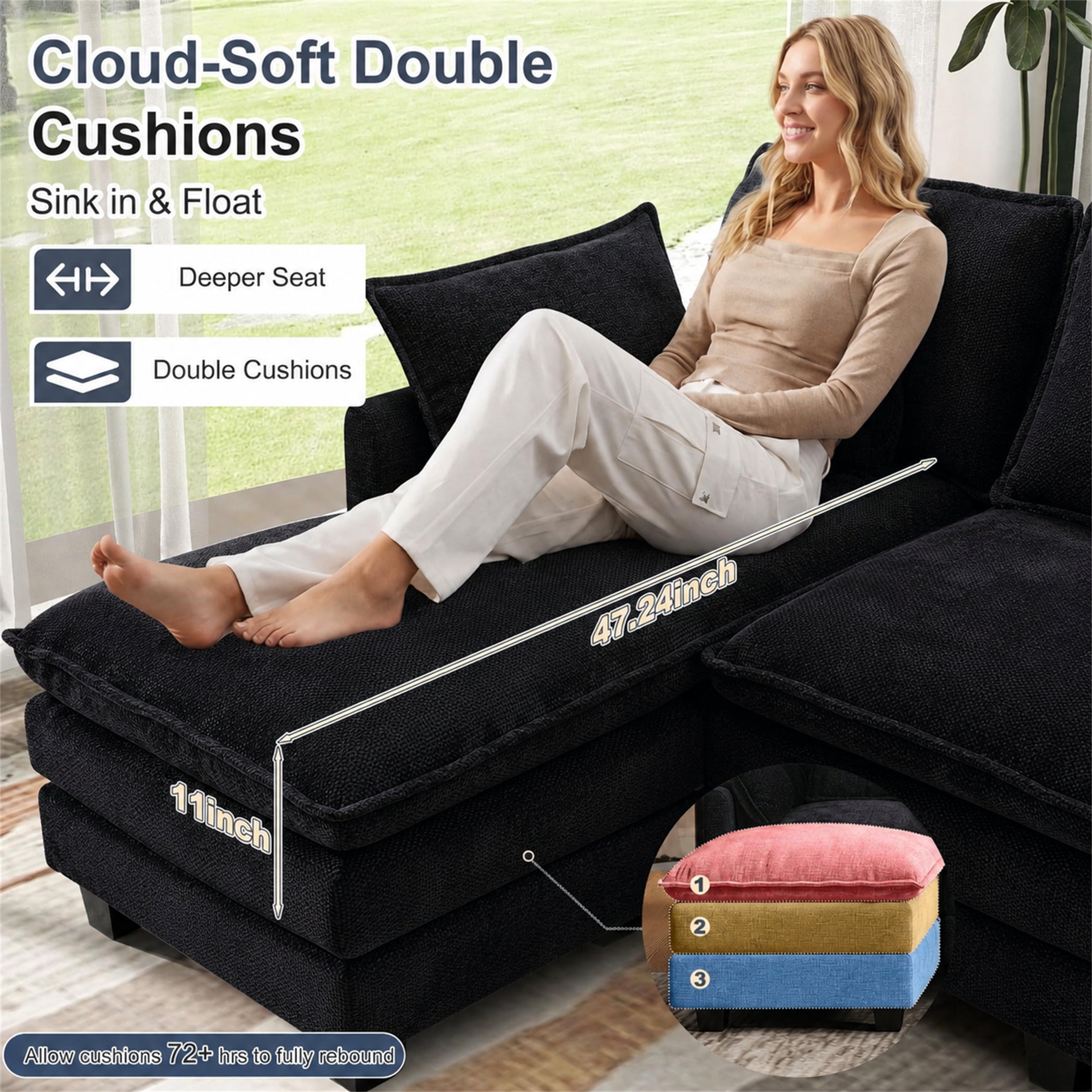 Aukfa 106" Sectional Sofa Deep Seat U shape Couch for Living Room, USB&Type-C Ports, 4 Lumbar Pillows, Storage Ottoman, Overstuffed Chenille, Black
