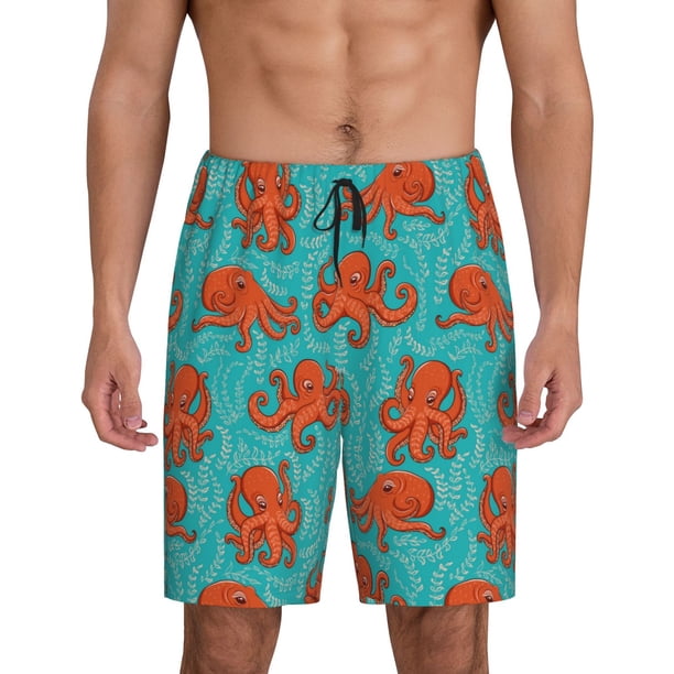 Balery Fun Octopus Pantalones cortos de pijama de punto de algodón para hombre con cinturilla y bolsillos-XX-Large