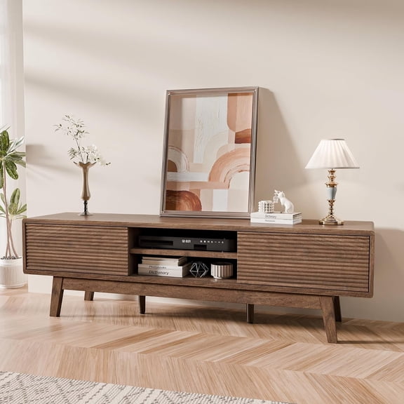 59" Mid Century Modern TV Stand for TVs up to 65 Inch, Low Profile Entertainment Center with Fluted Sliding Doors & Storage, Wood TV Console Table for Living Room, Walnut