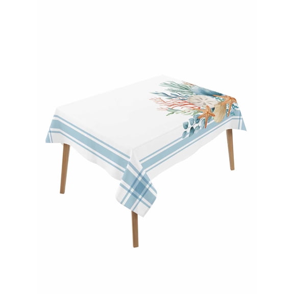 Blue Coastal Table Cloth, Waterproof Tablecloth for Rectangle Tables, Nautical Starfish Eucalyptus Leaf Coral Striped Reusable Washable Fabric Table Cover for Restaurant Kitchen Dining 60"x102"