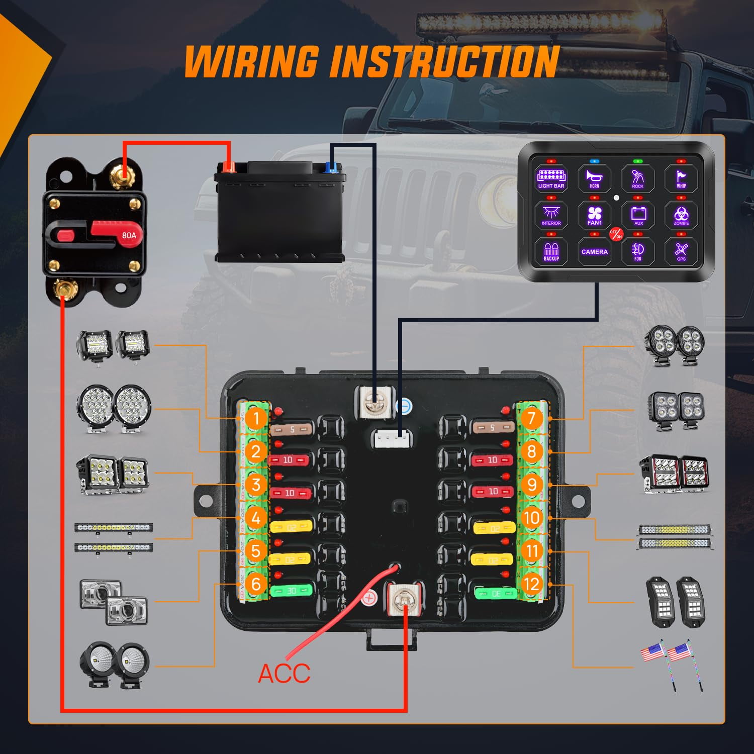 Nilight 12 Gang Switch Panel 12V 24V Universal Circuit Control Relay System with RGB Backlight Fuse Relay Wiring Harness Automatic Dimmable ON Off LED Switch Pod for Car Pickup Truck Camper SUV
