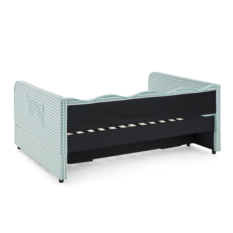 Full Size Daybed with Pop Up Trundle, Gingham Twin to King Daybed with Side Storage Pockets, Upholstered Sofa Bed Frame for Living Room Bedroom, No Box Spring Needed