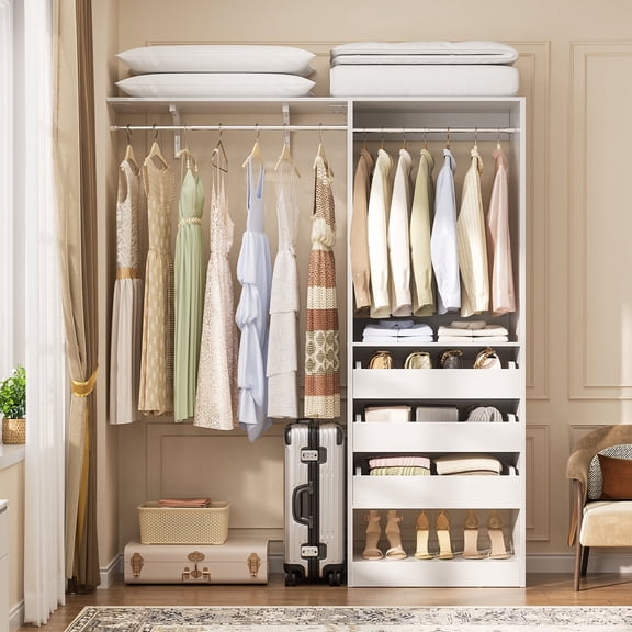 iSunirm 5FT Closet System with 3 Wooden Drawers, Reversible Closet Organizer with Hanging Rod & Shelf Tower, Sturdy Wardrobe Closet Garment Rack for Bedroom/Closet, 60"W x 80"H x 15"D, White