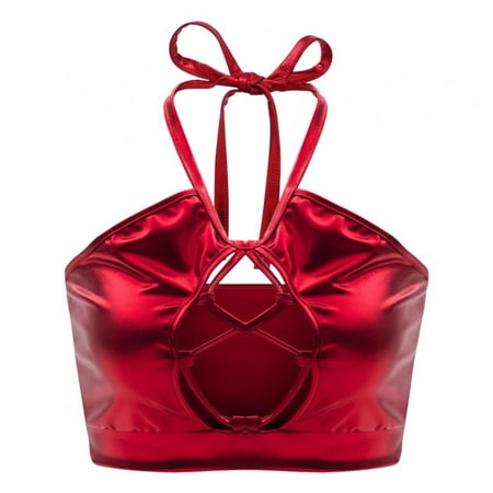 

Xmarks Women s Metallic Keyhole Cutout Backless Halter Rave Dance Crop Tube Top Bra Red XL