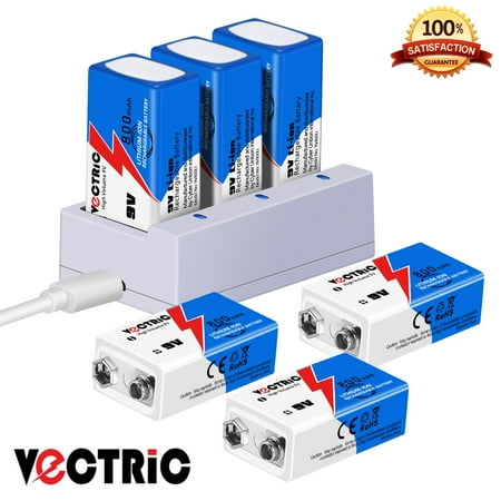 VECTRIC 6-Pack 800mAh 9V 6F22 Lithium-ion Rechargeable Batteries + 3 Bay Li-ion Battery Charger