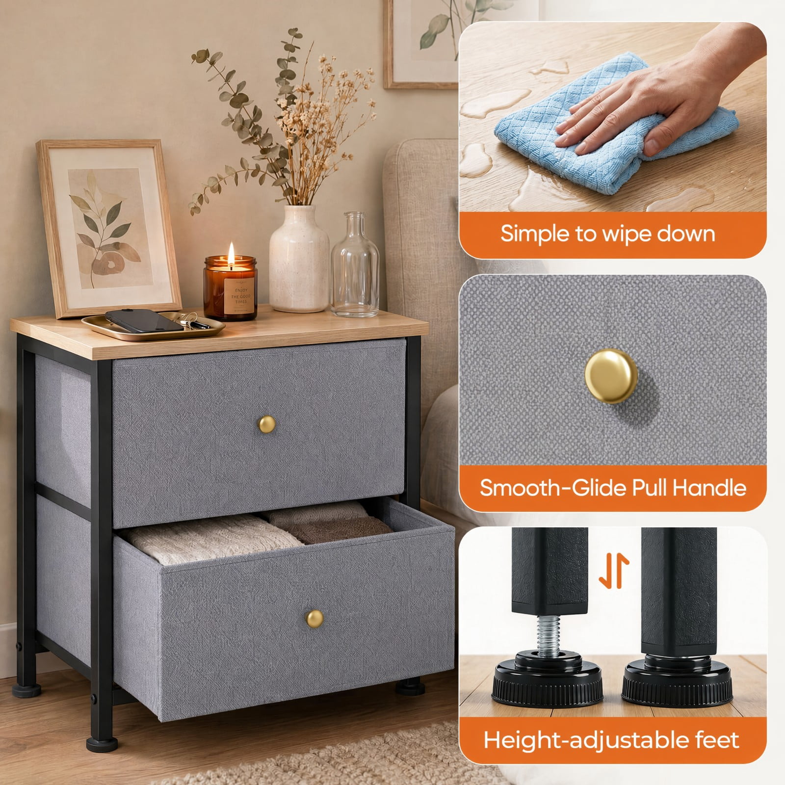 Telyra Fabric Nightstand with 2 Drawers 20" Bedside Table with Wood Top and Steel Frame Small Storage Organizer, Blue Gray