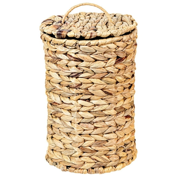 Grass Bathroom Trash Can with Lid, Handwoven Waste Basket for Bathroom, Compact Round Design, Long-Lasting Water Hyacinth Material, Vintage Rustic Decor for Bedroom, Office, and More