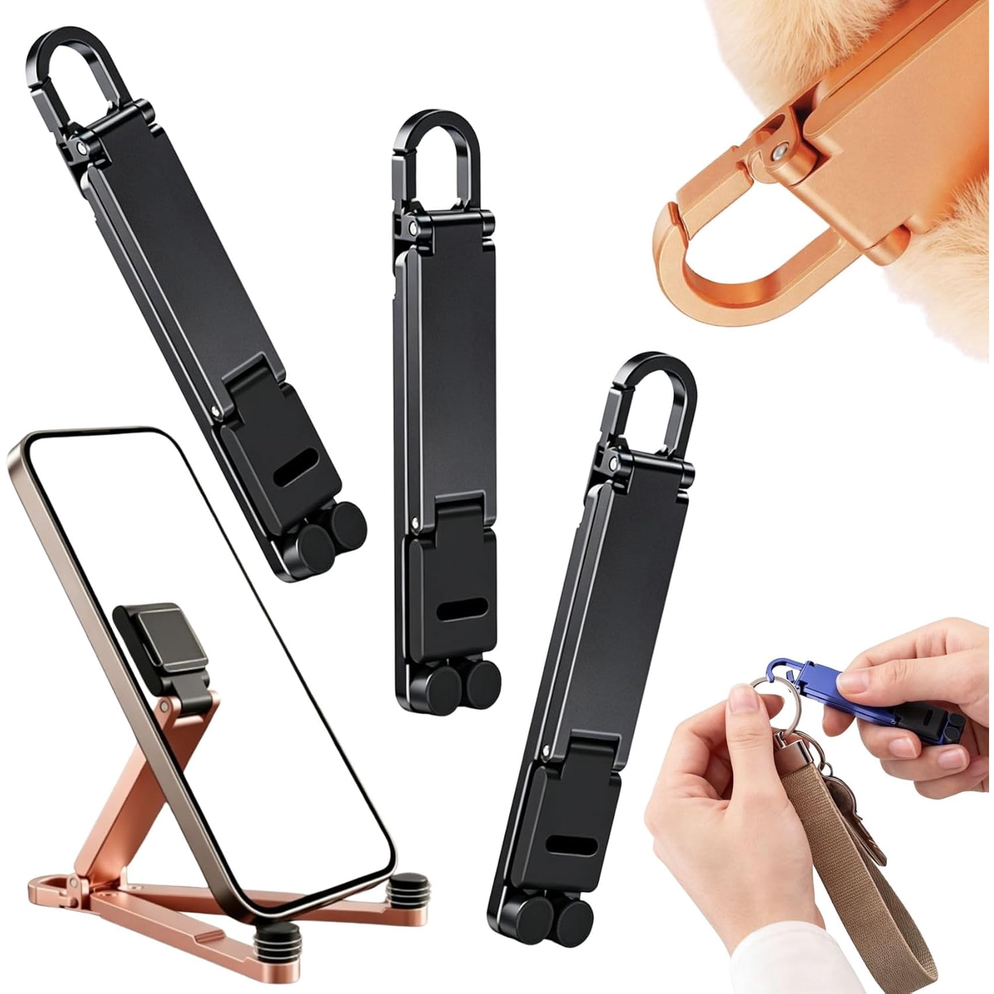 Portable Mini Aluminum Phone Stand Ultra-Compact Foldable Holder,3Black | Universal Phone Stand with Solid Alloy Body Built-in Keychain Hook Fully Adjustable Desktop Support Design for Most Phones