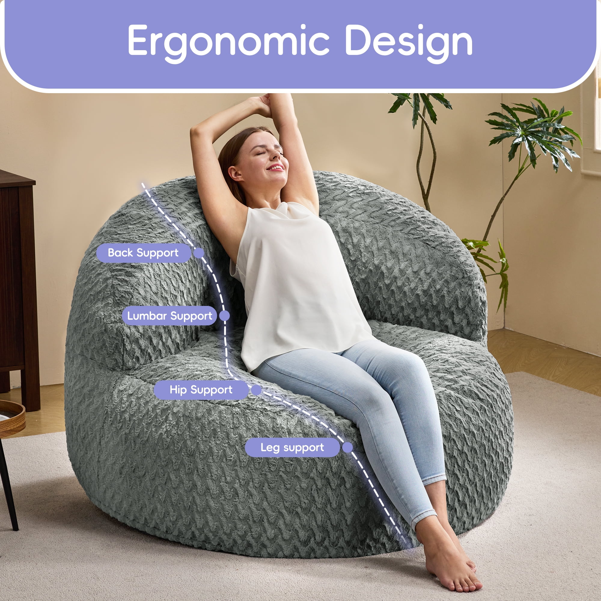 Hobestluk 4FT Bean Bag Chair for Adults with Memory Foam Filler Giant Beanbag with Faux Fur Cover for Bedroom (Chevron Grey,Oversize)