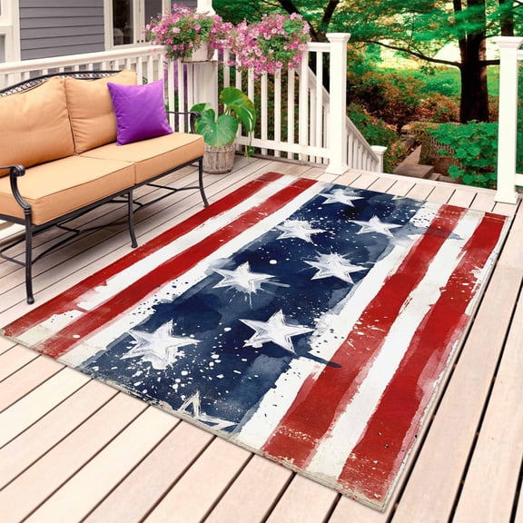 Independence Day Outdoor Rug for Patio/Deck/Porch, Non-Slip Large Area Rug 5 x 7 Ft, Red Stripes Stars American Flag 4th of July Indoor Outdoor Rugs Washable Area Rugs, Camping Rug Carpet Runner