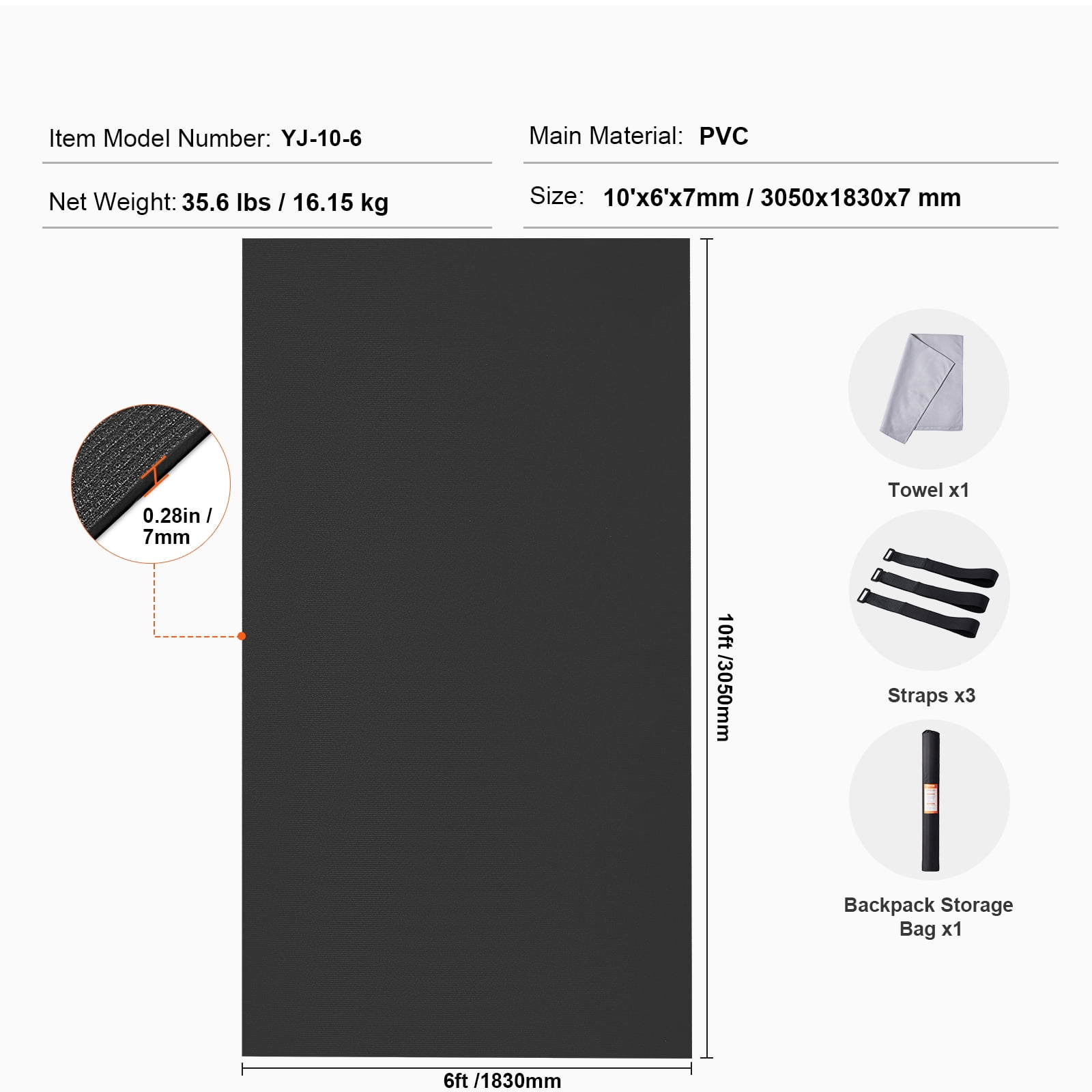 VEVOR Exercise Mat, Non Slip High Density Premium Yoga Mat, Exercise Yoga Mat for Men Women, Fitness & Exercise Mat with Bag & Carry Strap, for All Types of Home Yoga, Floor Workout (10x6ft)