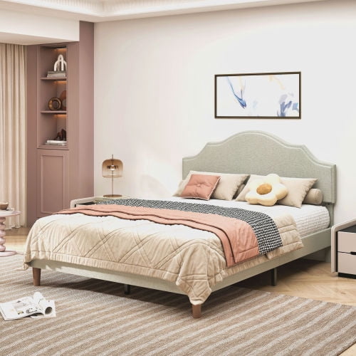 Queen Size Upholstered Platform Bed with Adjustable Headboard, Beige Linen Fabric, Modern Simple Style, No Box Spring Needed, Easy Assembly