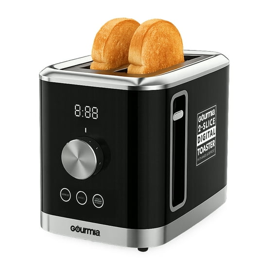 Gourmia 2 Slice Toaster with 6 Browning Levels, Bagel & Defrost Modes, Wide Slots, Slide‑Out Crumb Tray