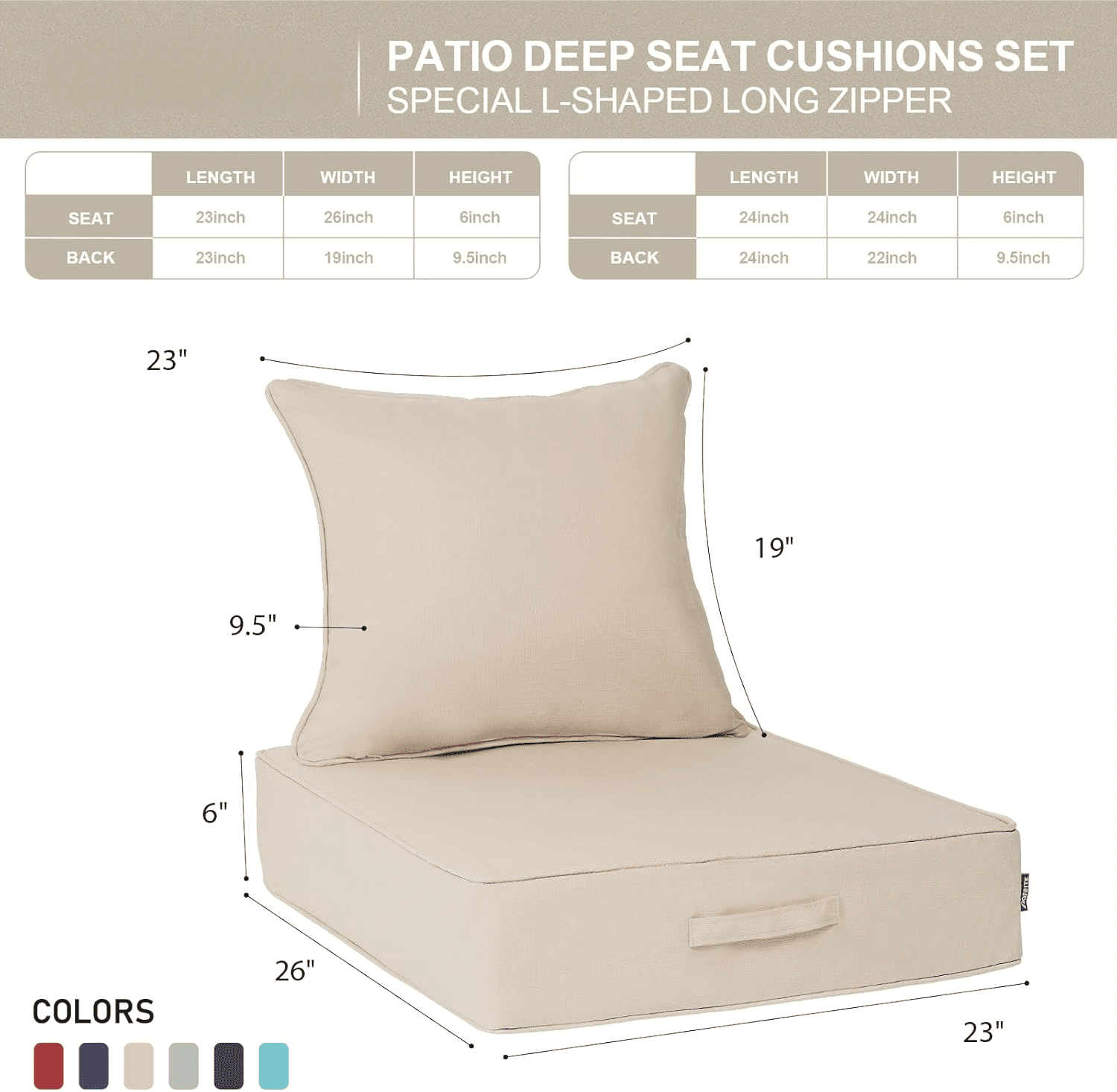 Aofit Outdoor Olefin Foam Deep Seat Cushion, Patio Chair Cushion and Pillow, Waterproof Sectional Sofa Pad with Straps