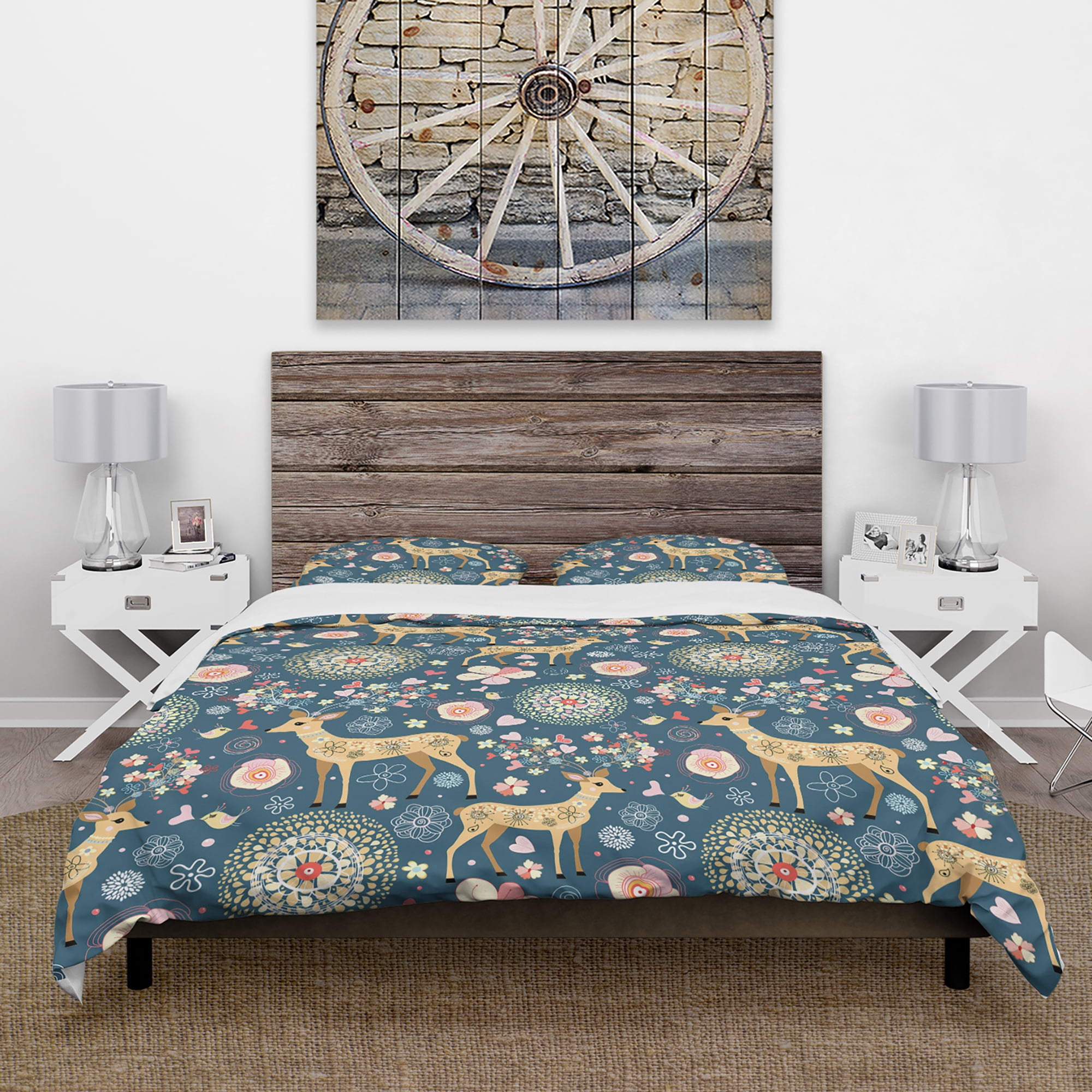 Designart 'Deer with Flowers and Hearts Antlers' Floral Duvet Cover Set