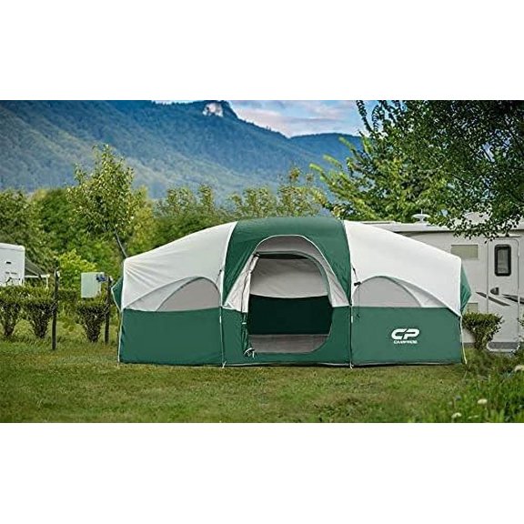 CAMPROS CP Tent 8 Person Camping Tents, Weather Resistant Family Tent, 5 Large Mesh Windows, Double Layer, Divided Curtain for Separated Room, Portable with Carry Bag