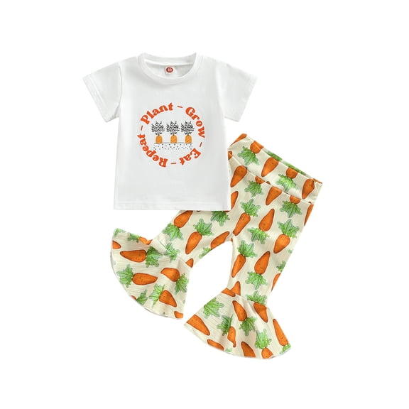 Toddler Baby Girl Easter Outfit 6M 12M 18M 2T 3T 4T Carrot Bunny Print Short Sleeve T-Shirts Flare Pants 2Pcs Summer Clothes Set