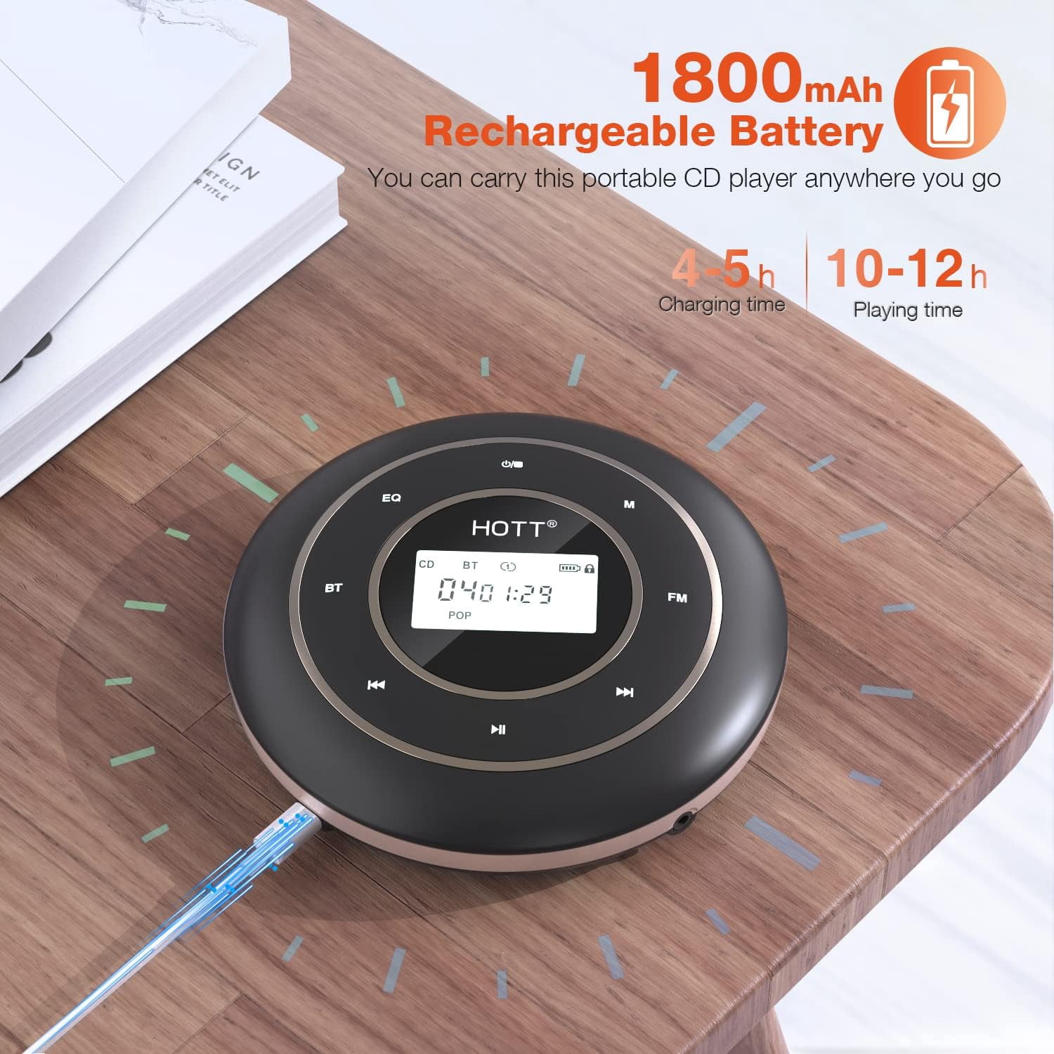 C105 Portable CD Player FM Transmitter Rechargeable Compact CD Player with Touch Buttons Backlit Display Black