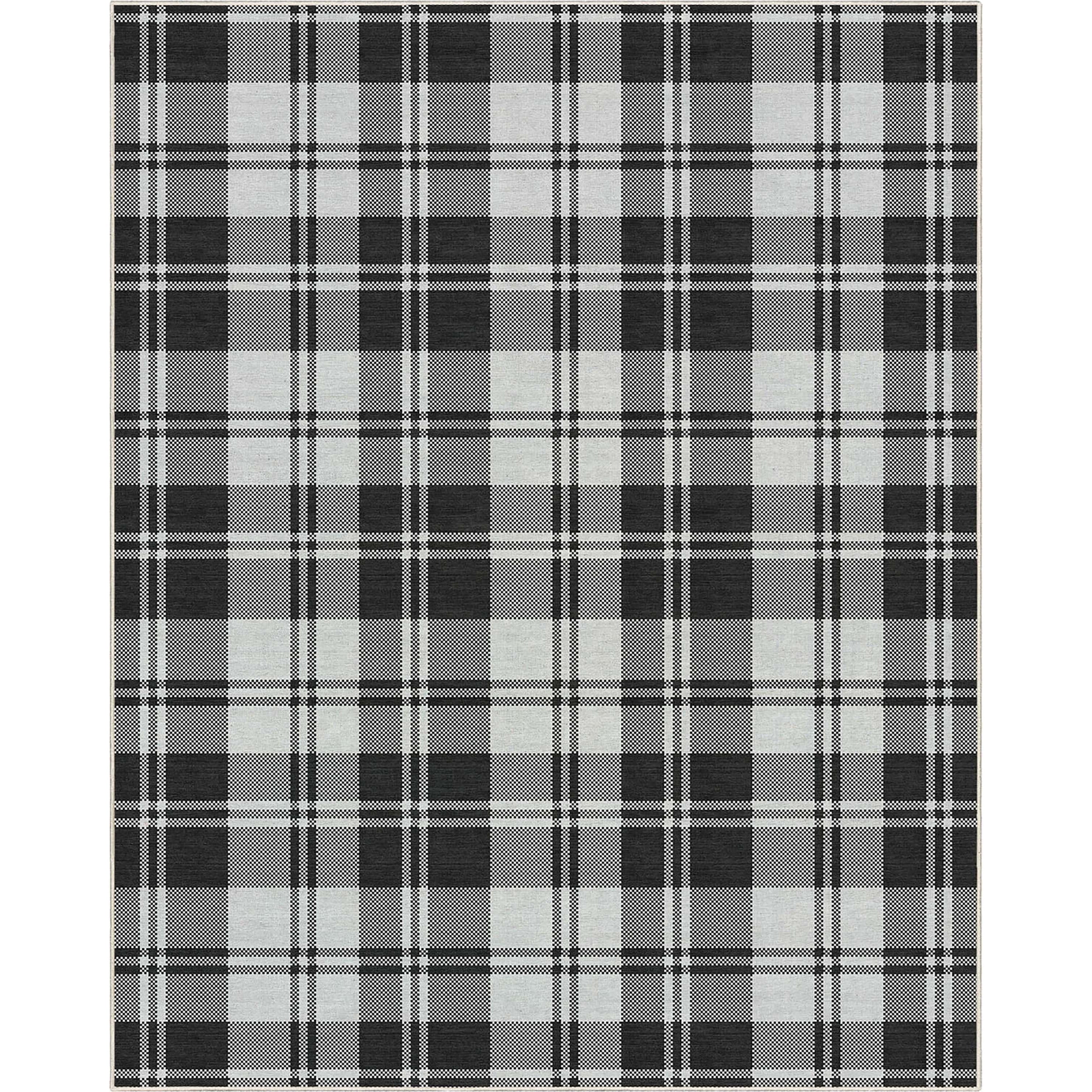 Well Woven Apollo Plaid Modern Black Flat Pile Easy to Clean 5' x 7' Area Rug for Living Room Dining Room Bedroom and Kitchen