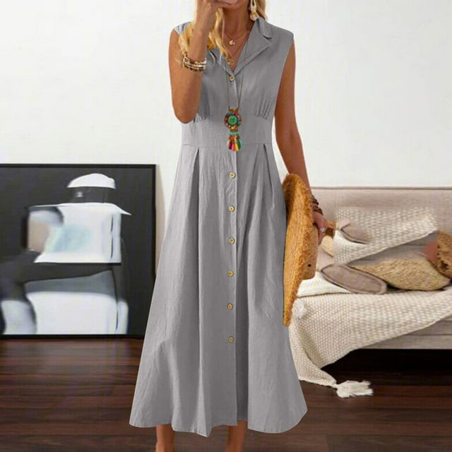 SEAOPEN Robes en Coton et Lin pour Femmes, Robe Maxi Sans Manches Été 2025, Col en V, Boutonnée, pour le Travail, Gris, P