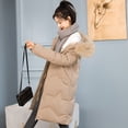 thumbnail image 2 of IROINNID Women's Hooded Puffer Coat Solid Color Long Sleeve Warm Casual Zippers Loose Bomber Warm Coat Tops, Khaki, 2 of 4