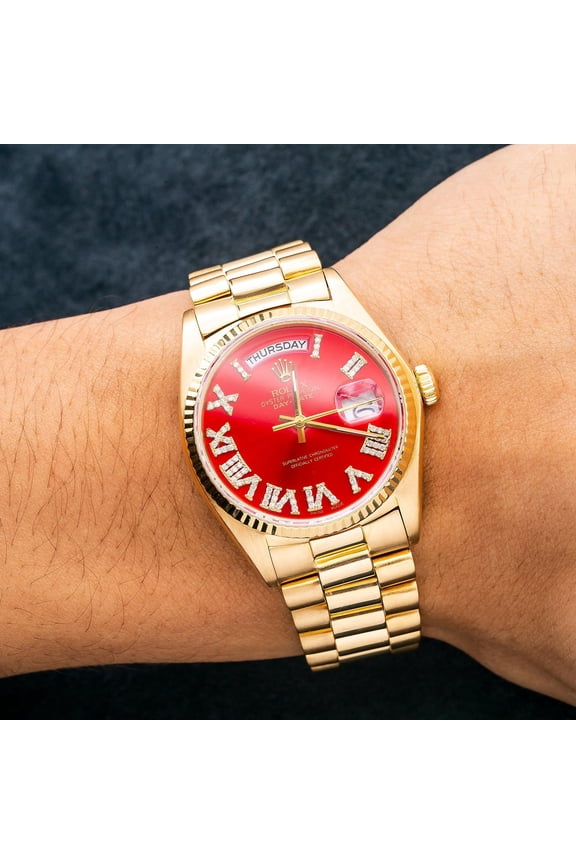 Pre-Owned Rolex Day-Date 36MM 18038 Red Roman Diamond Dial Fluted Bezel 18K Yellow Gold President Bracelet