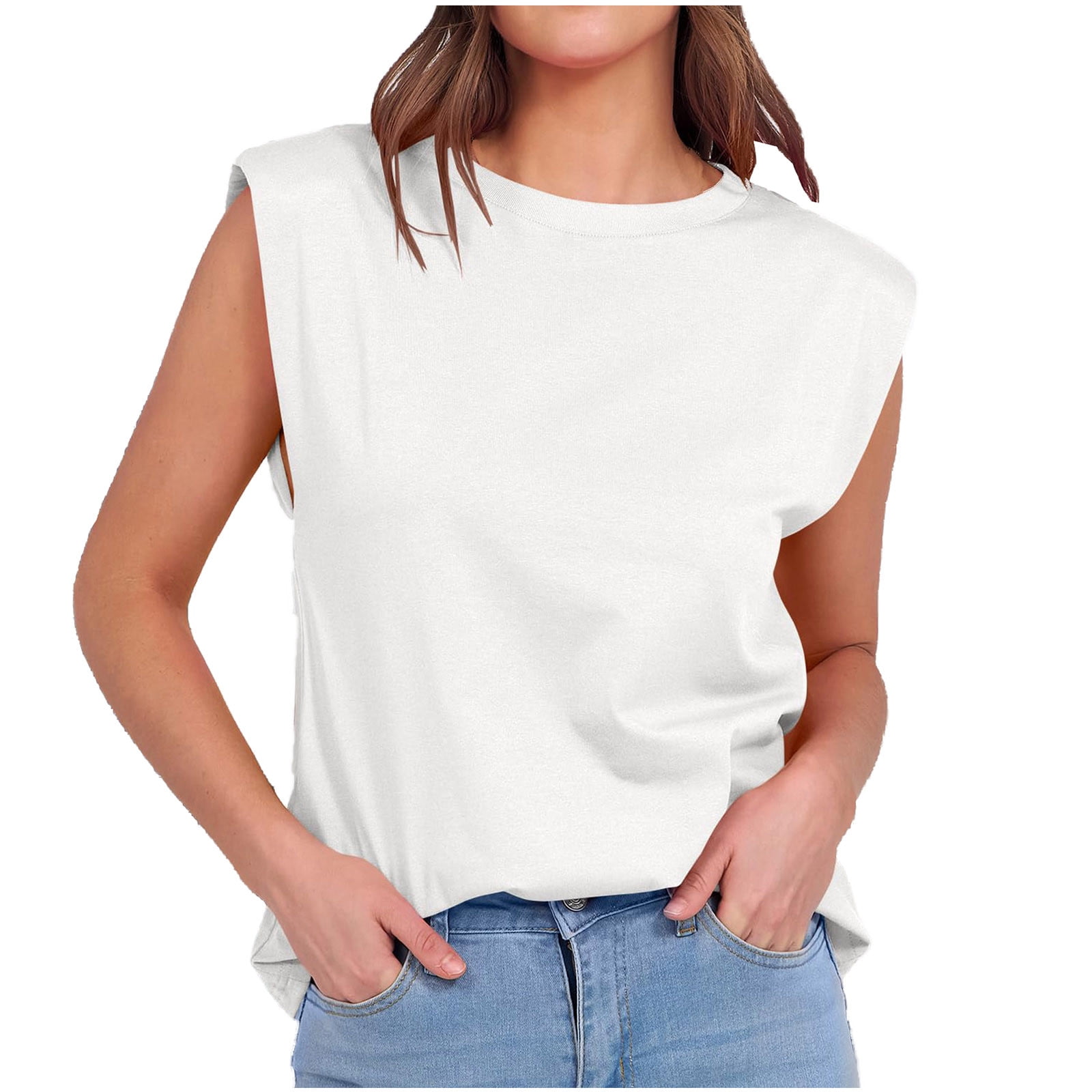Women's Shoulder Pad Sleeveless Tank Top - Loose Fit, Crew Neck, Casual Summer Tee