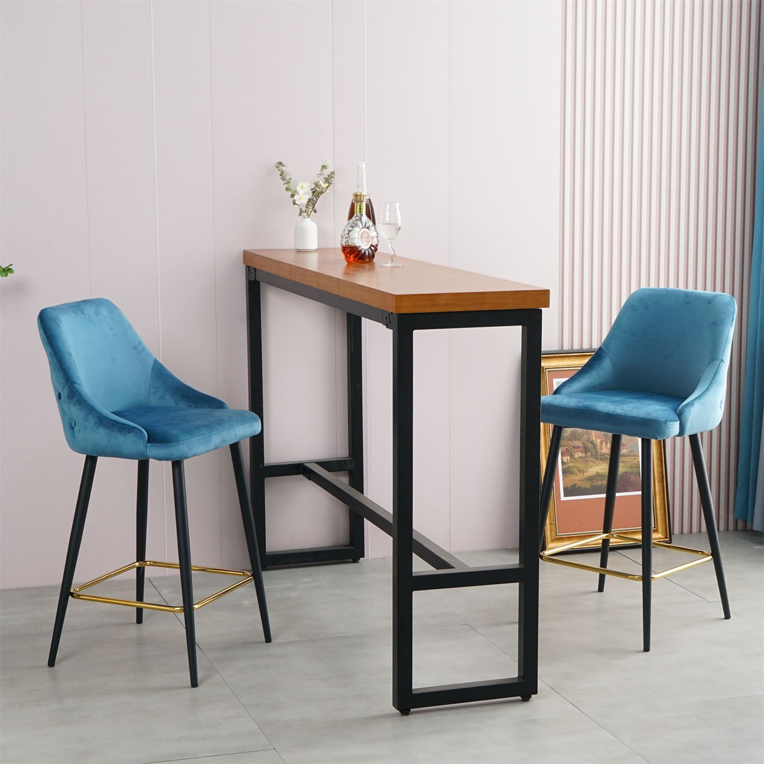 Kadyn Upholstered High Bar Stool Chair Set of 2, Modern Foam Bar Stools with Gold Legs, Bar Dining Chair for Dining Room, Blue