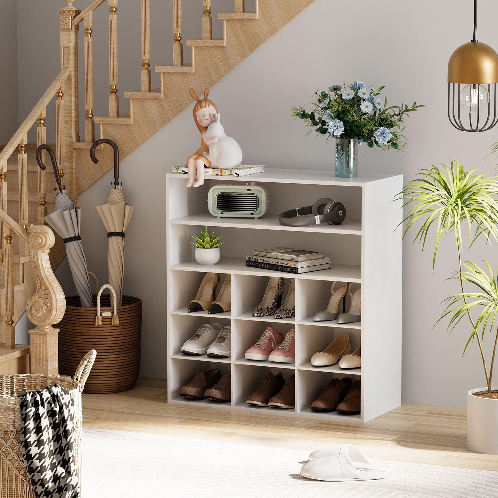 hoe Rack Organizer, 5-Tier Wood Cubby Shoe Rack with 2 Storage Shelf and 9 Cubbies, Shoe Organizer Cabinet for Entryway, Hallway, Closet and Garage, White