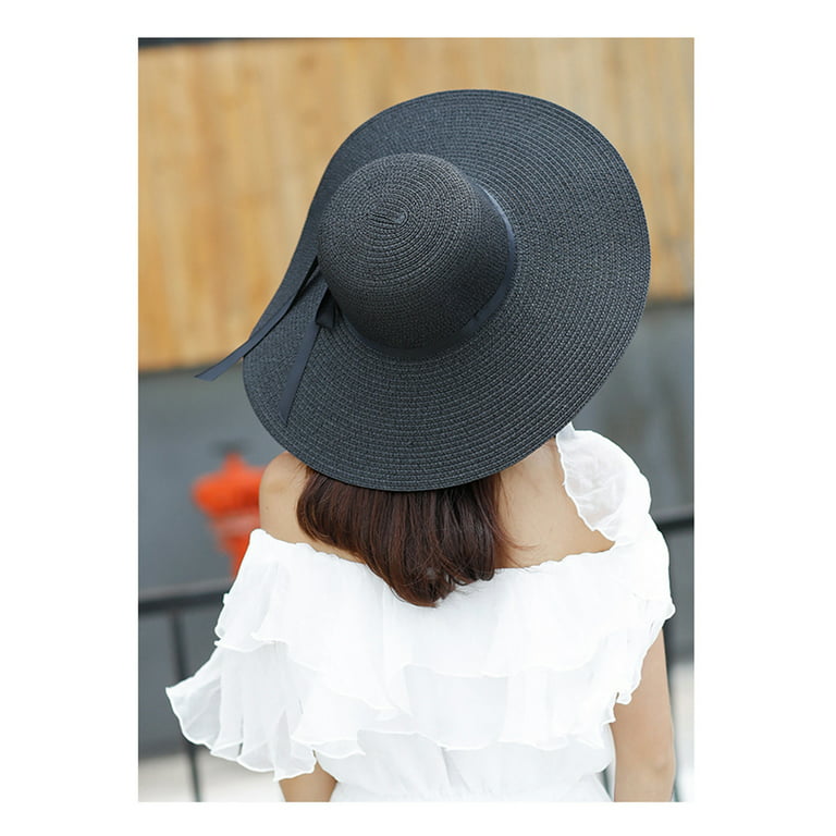 Womens Sun Straw Hat Wide Brim Summer Hat Foldable Roll up Floppy Beach  Hats for Women,Black