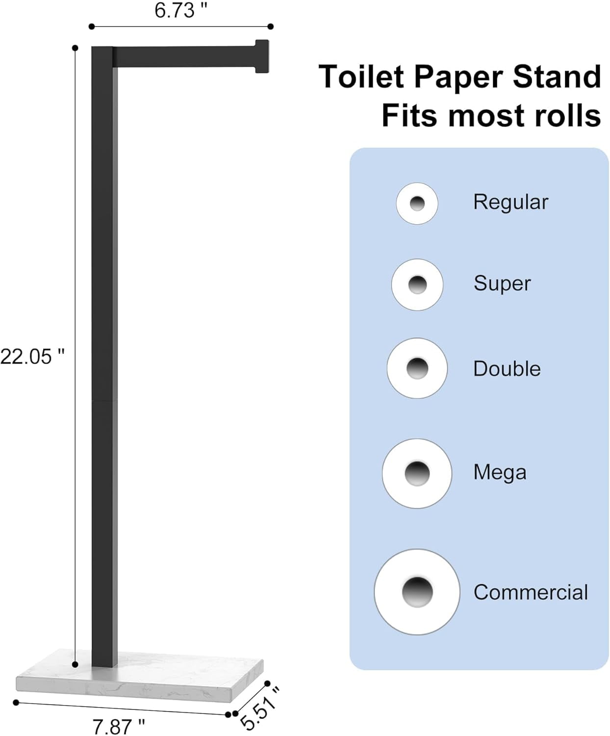 Free Standing Toilet Paper Holder Stand Matte Black SUS 304 Stainless Steel Rustproof 22 Inch Rotating Bathroom Tissue Roll Holder for 4 Rolls with Marble Base